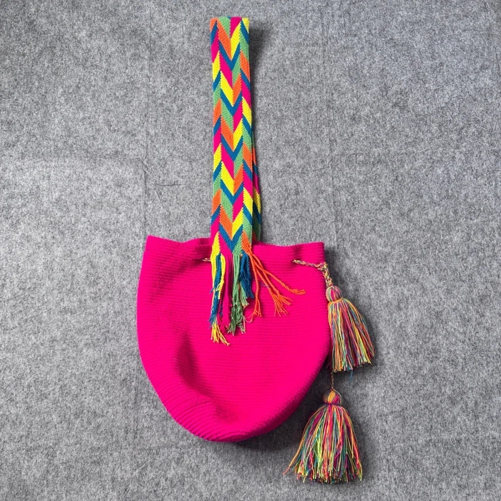 Wayuu Style Hot Pink Handmade Mochila Bag Rainbow Chevron Strap‎ Tassels Boho